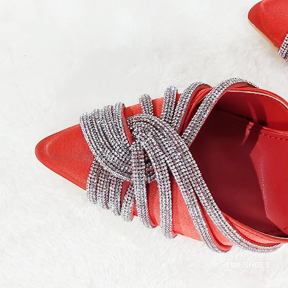 Elegance Slip on Slingback Red Satin Rhinestone Pointy Toe High Heels Shoes - Picture 4 of 12